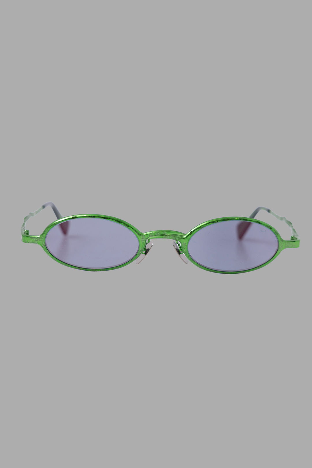 Kuboraum unisex metallic acid green micro oval sunglasses, front view with infrared-tinted lenses.