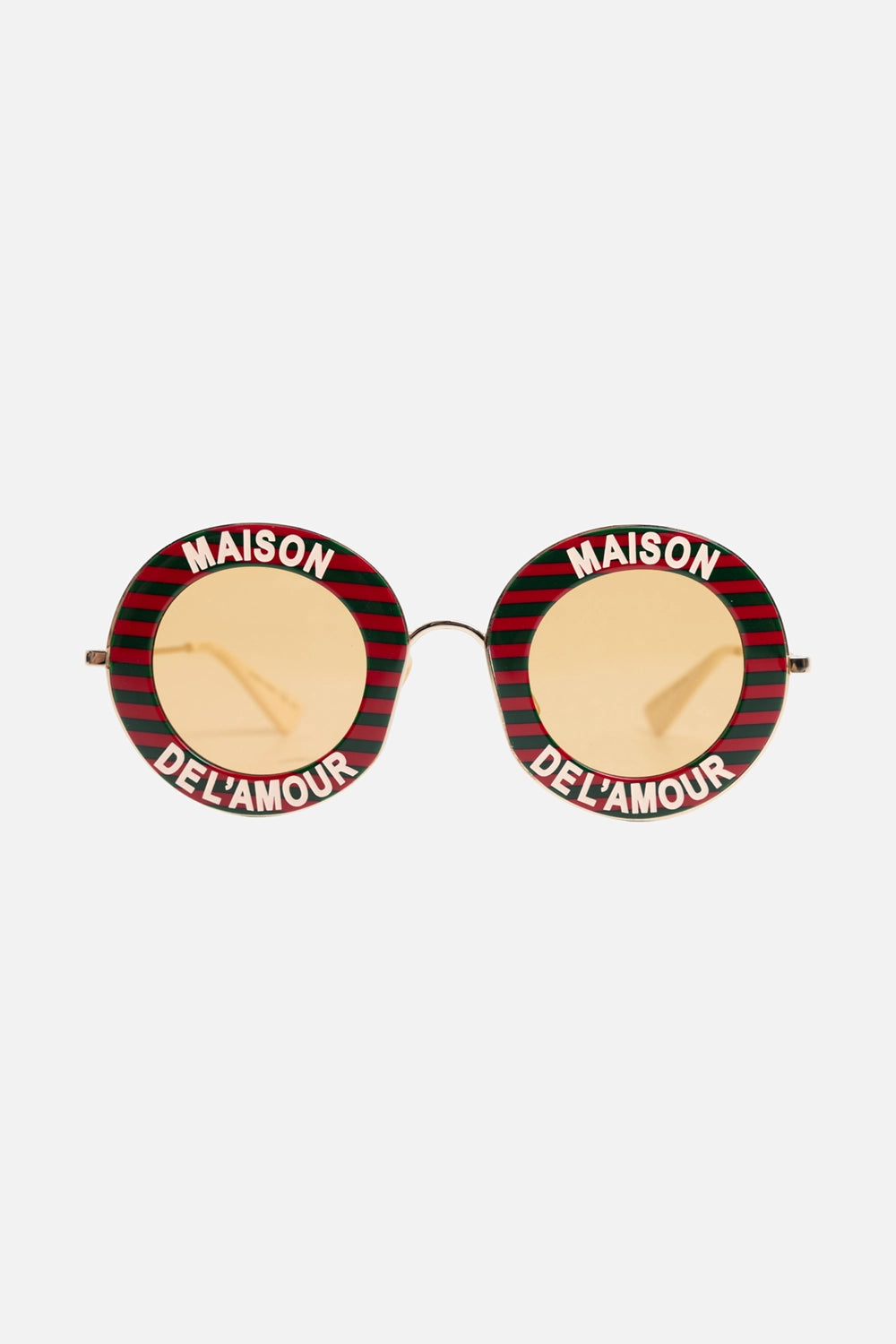 Pre-owned Gucci sunglasses in multicolor, front view, round striped rims with MAISON DE L’AMOUR lettering and yellow lenses