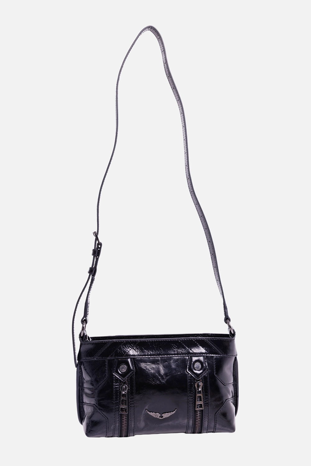 Zadig & Voltaire women's black patent crossbody bag, full front view with adjustable leather strap