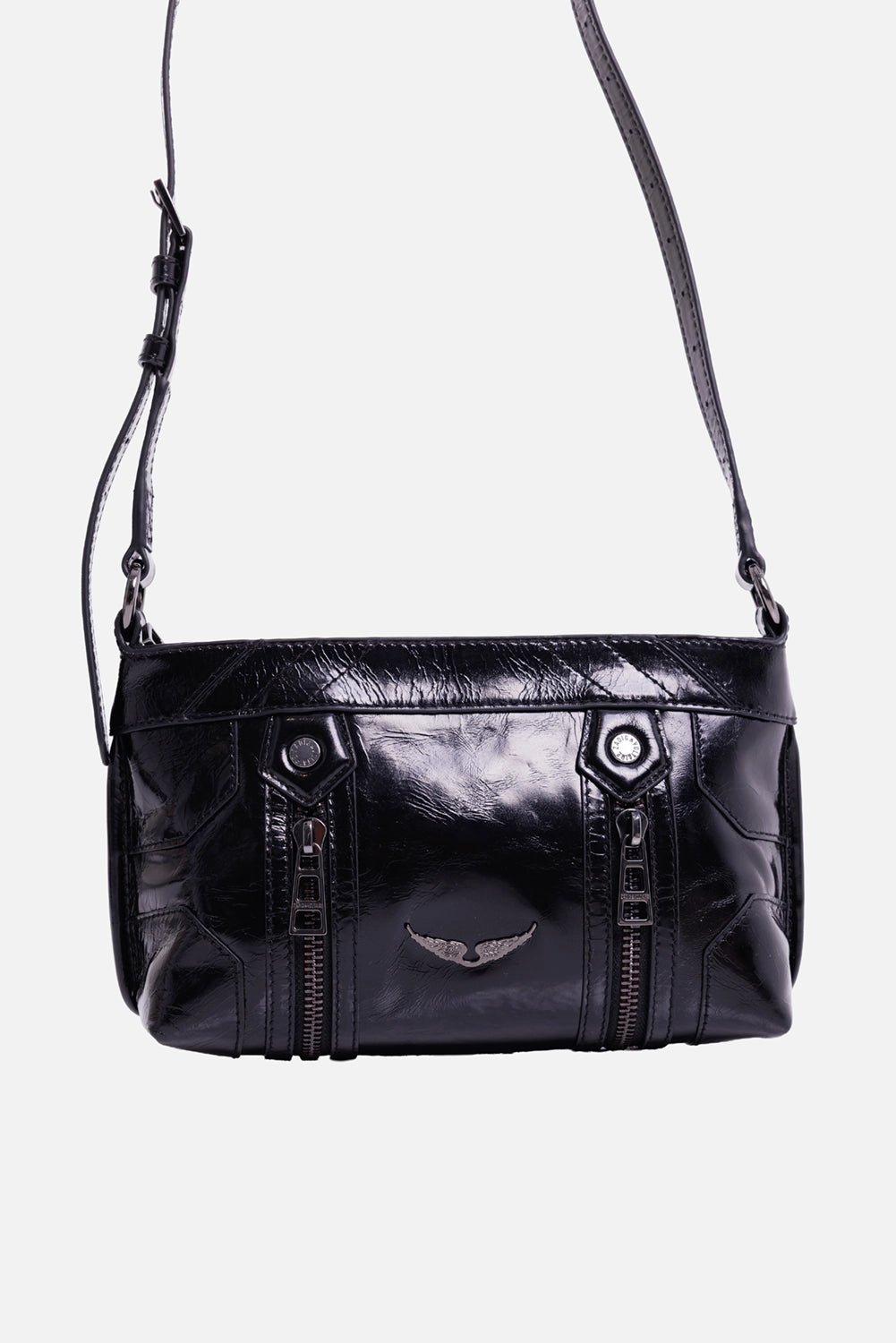 Zadig & Voltaire women's black patent crossbody bag, front view with metal wings and twin zip details