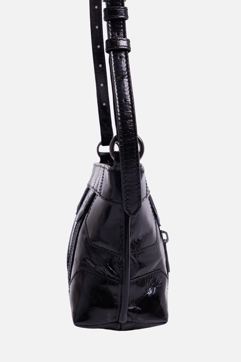 Zadig & Voltaire women's black patent crossbody bag, side view with panelled leather and strap hardware