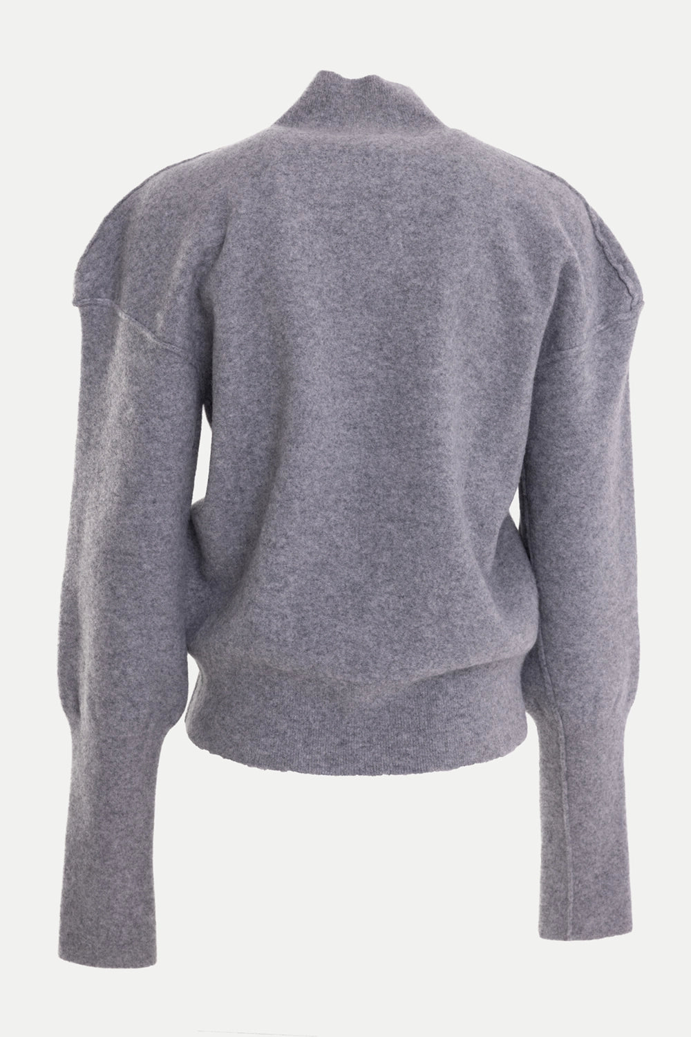 Torisheju women's wool cardigan in grey, back view with dropped shoulders and ribbed hem