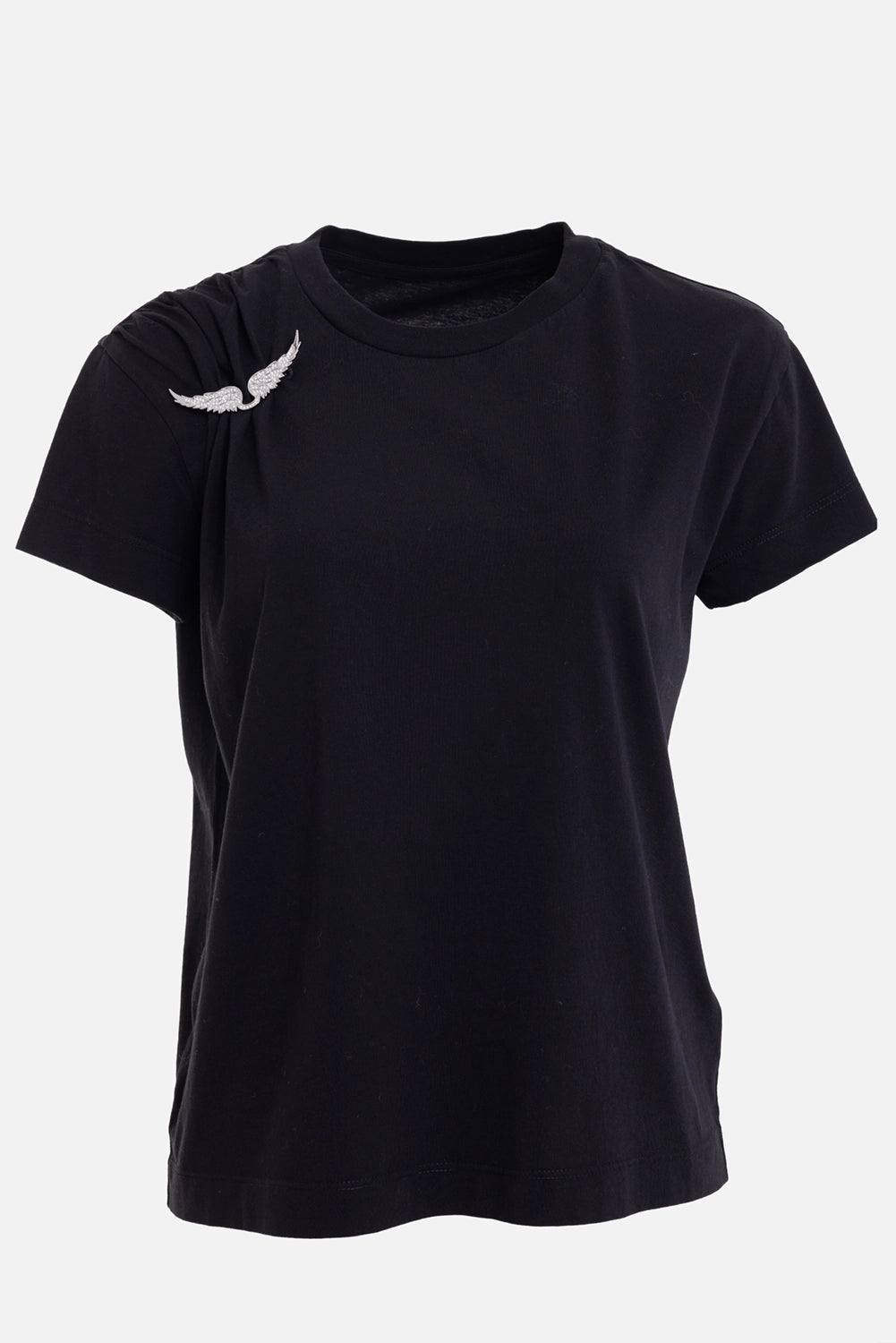Zadig & Voltaire women's T-shirt in black, front view, pleated shoulder and silver wing brooch