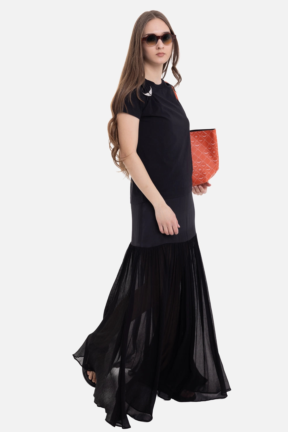 Zadig & Voltaire women's T-shirt in black, on-model full-length view, shoulder wing brooch