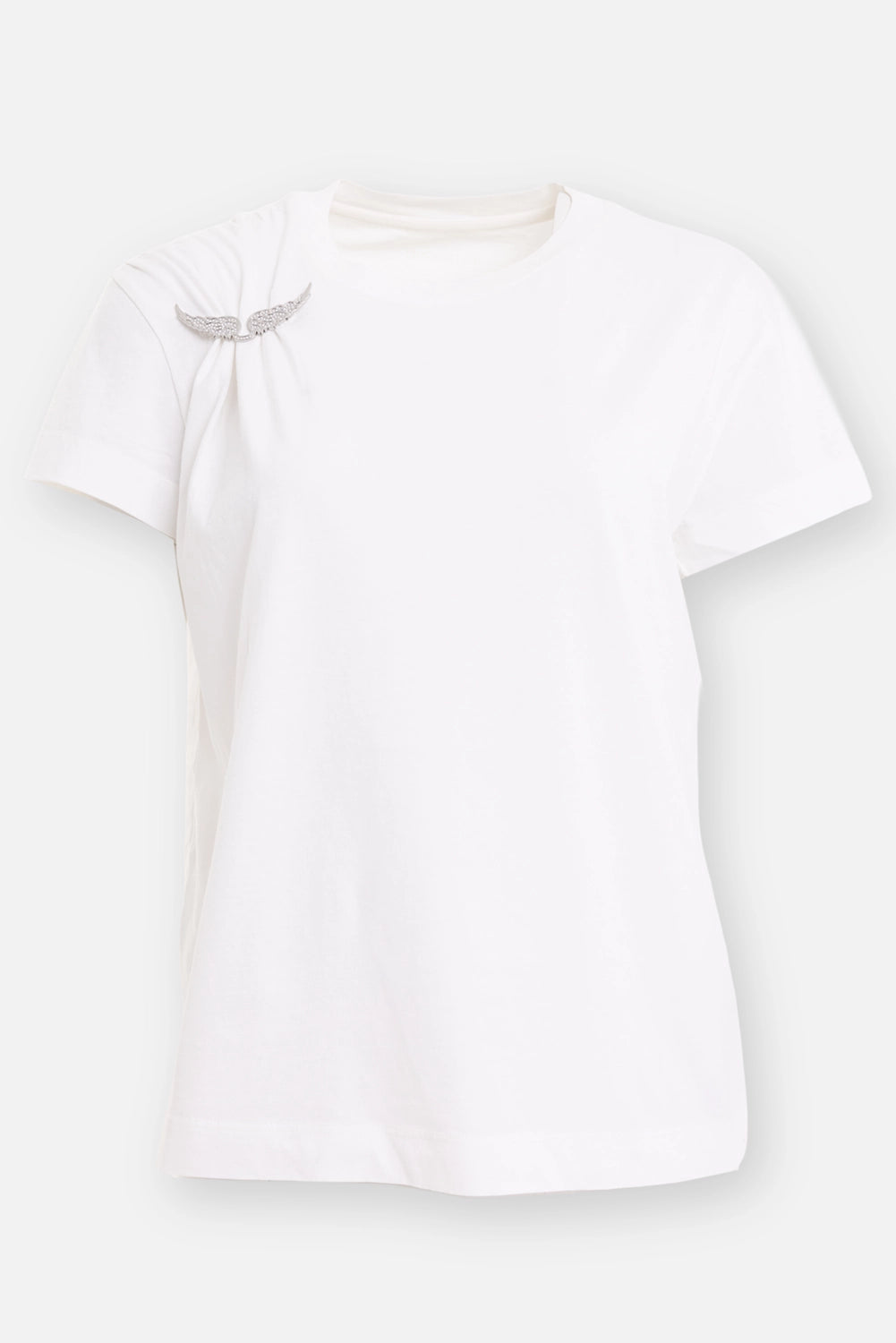 Zadig&Voltaire women's cotton T-shirt in judo, front view with pleated shoulder and wing brooch