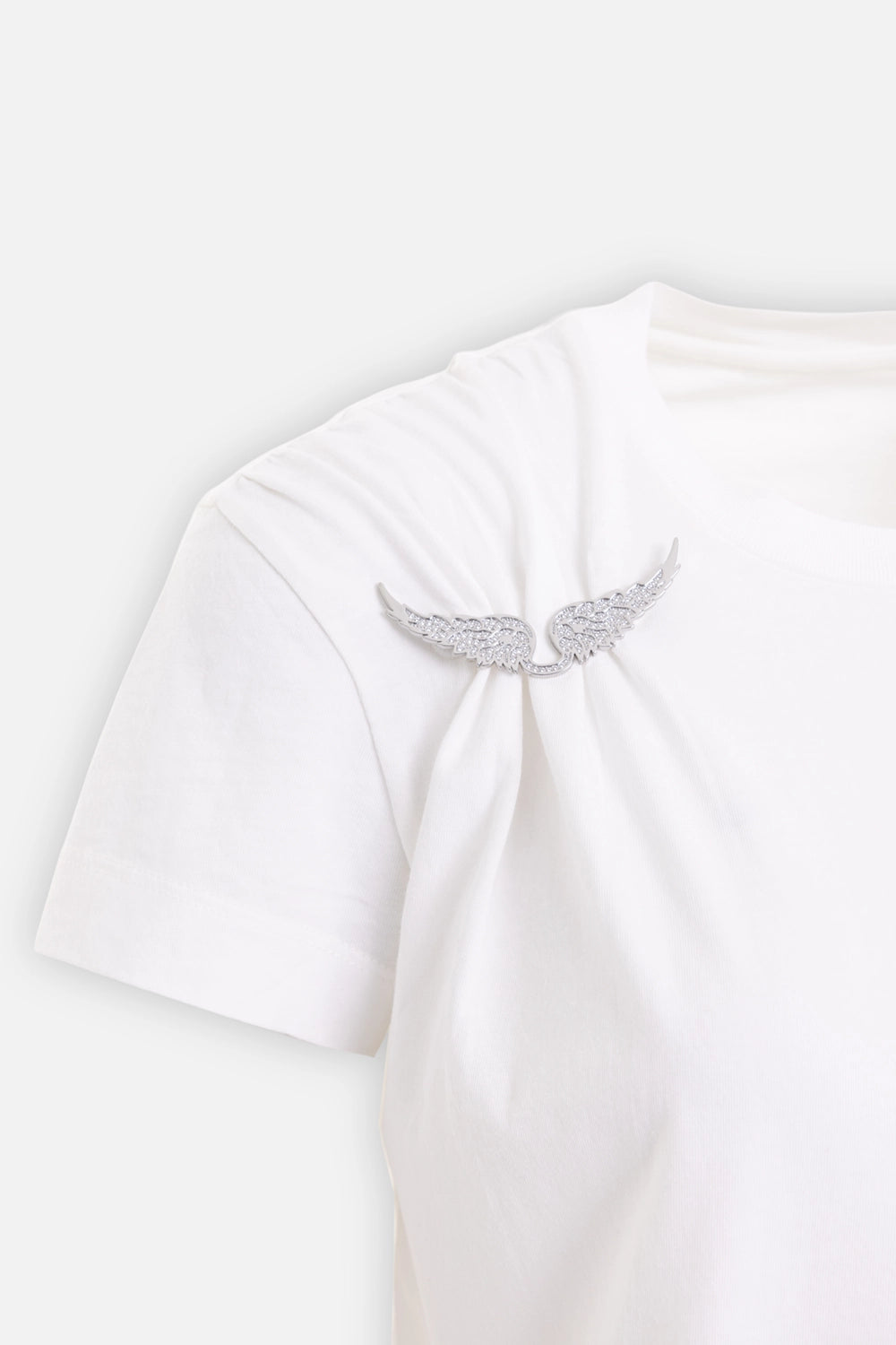 Zadig&Voltaire women's cotton T-shirt in judo, shoulder detail with crystal wing brooch and gathered pleats
