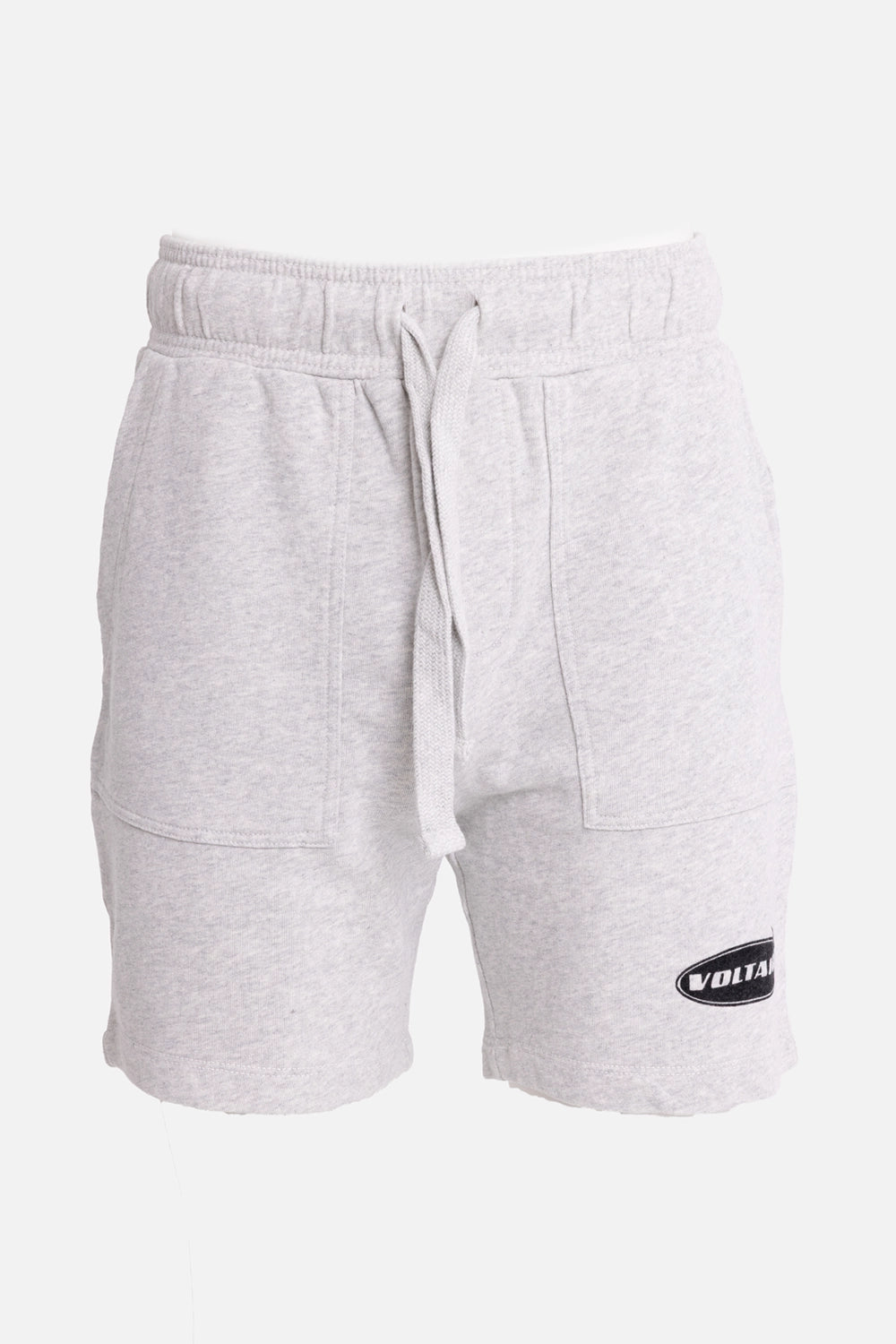 Zadig&Voltaire men's sweat shorts in light heather grey, front view with drawstring and Voltaire leg patch
