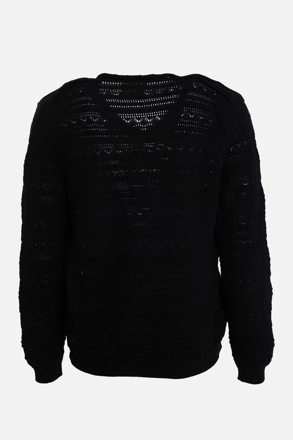 Marc Point men's sweater in black, back view, open-knit pattern and ribbed hem