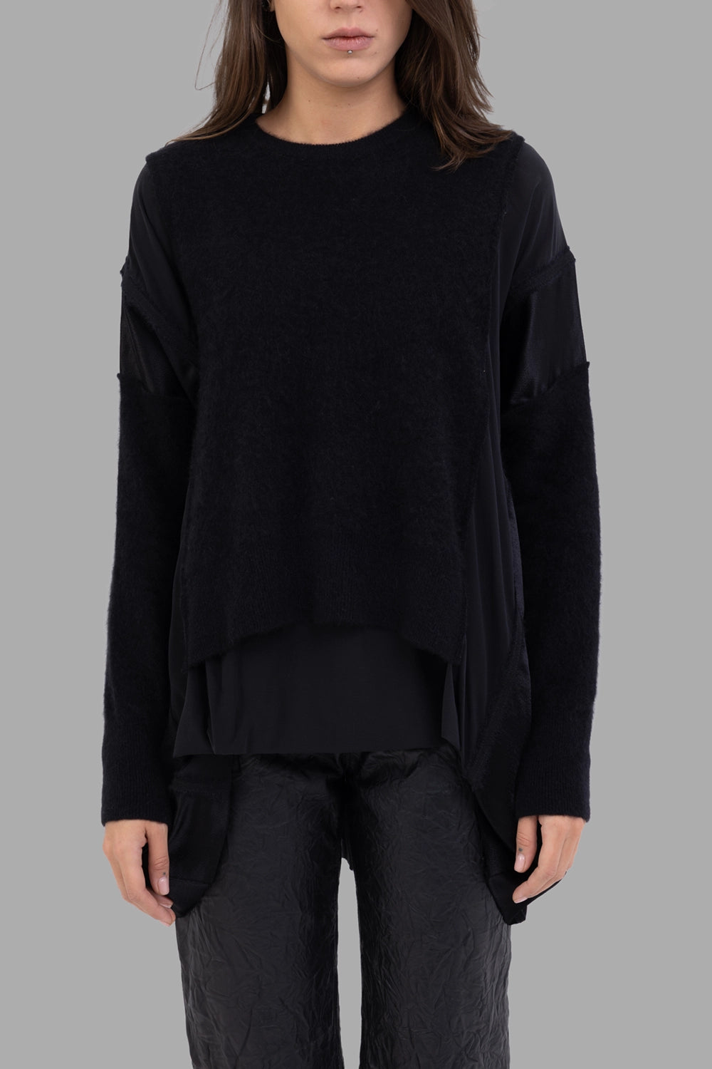 Giovanni Cavagna women layered knit sweater in black, front view, stepped hem and rib cuffs