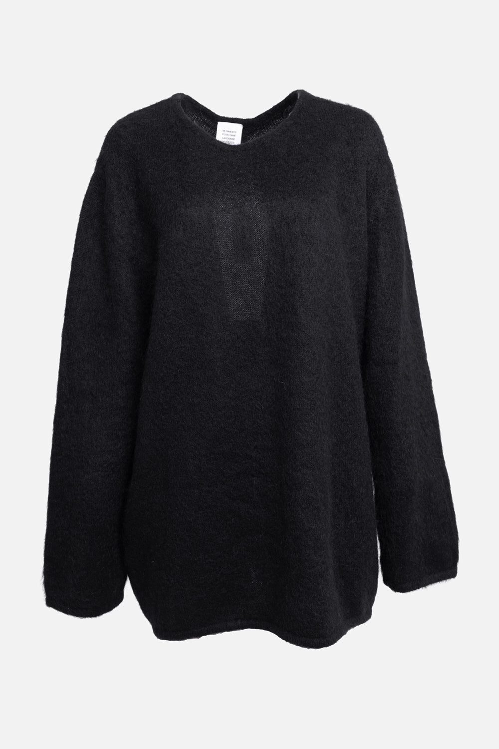 Pre-owned Vetements women’s sweater in black, front view, oversized fuzzy mohair-blend knit with round neckline