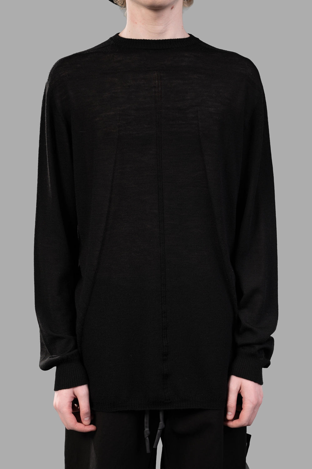 Rick Owens sweater in black, front view, ribbed crew neck and fine-gauge semi-sheer knit