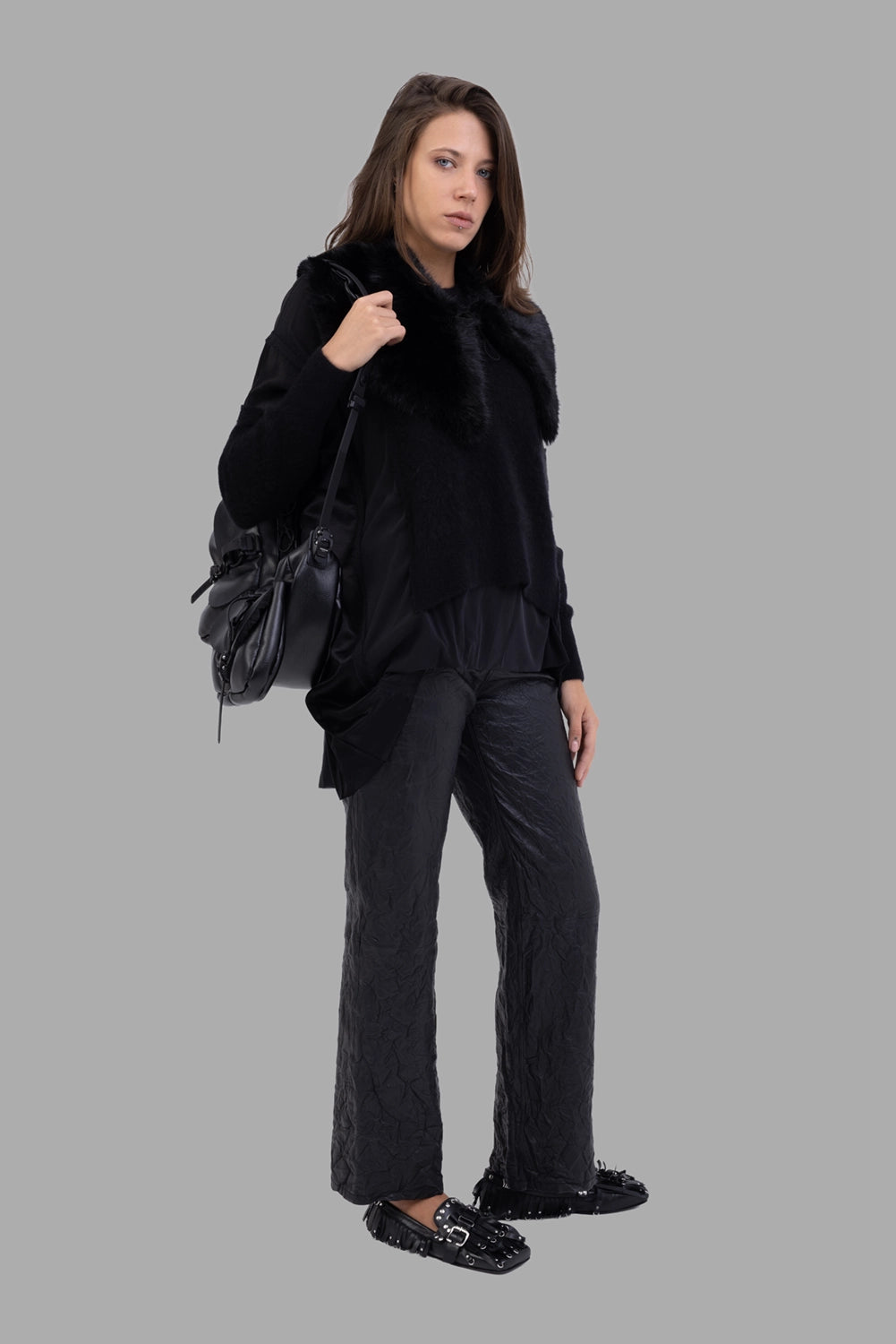 Giovanni Cavagna women layered knit sweater in black, on-model full length, chiffon underlayer and drop shoulders