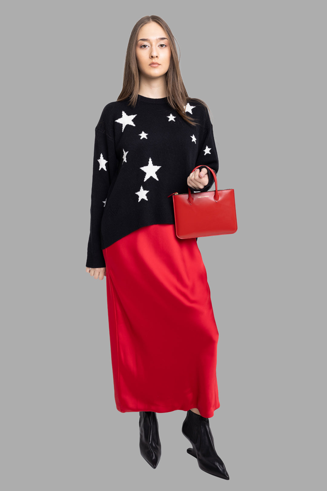 Zadig & Voltaire women's black sweater with white star motif, on-model full-length front view.