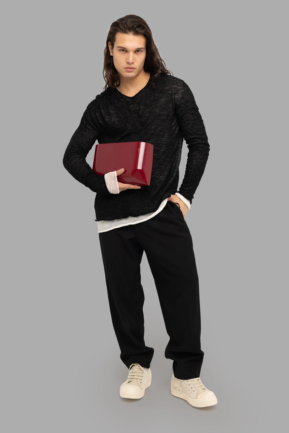 MD75 men’s sweater in black/white, on-model full length, semi-sheer twisted knit with crinkled texture