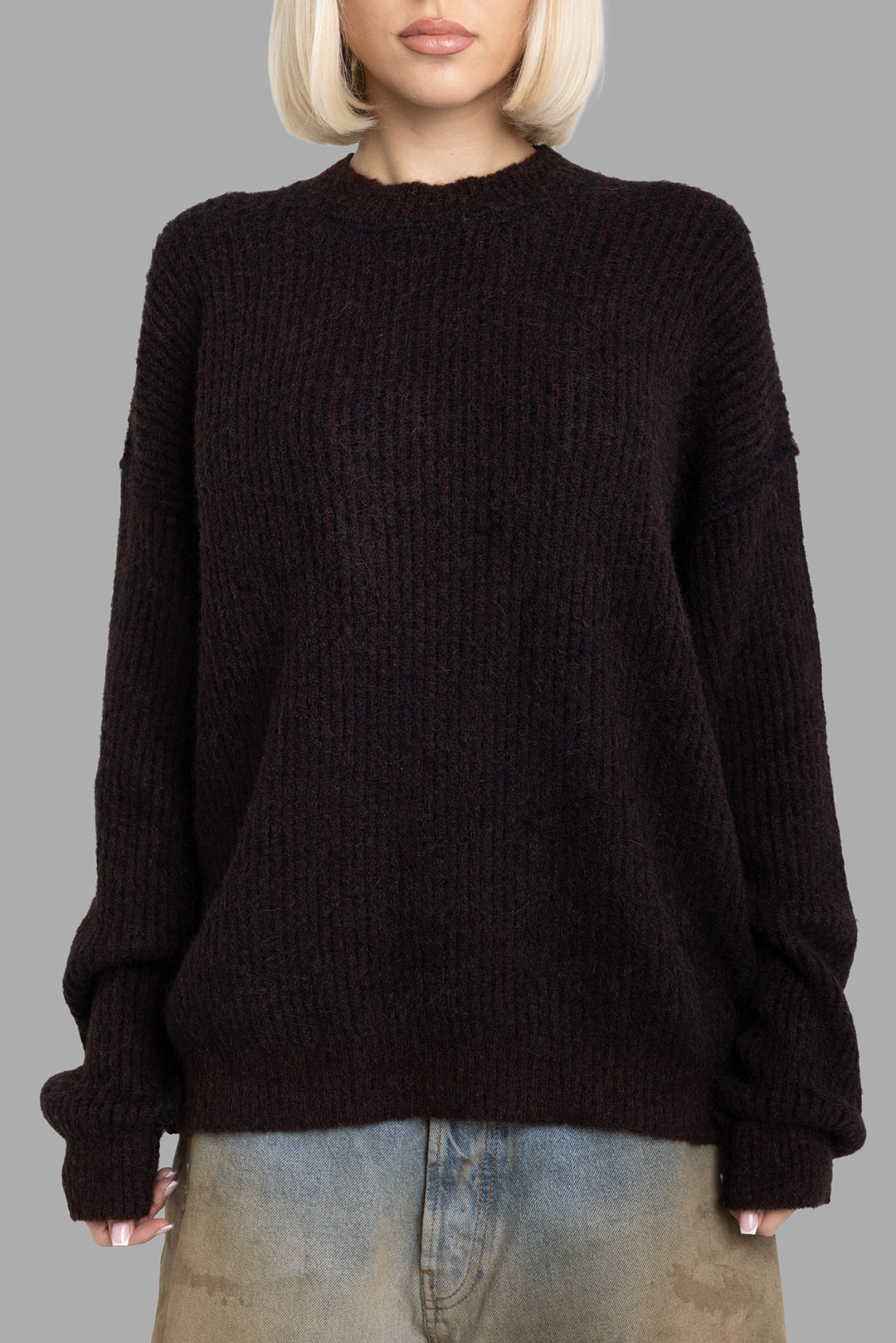 Uma Wang women's brown and black striped wool sweater, front half-length view with round neck and long sleeves