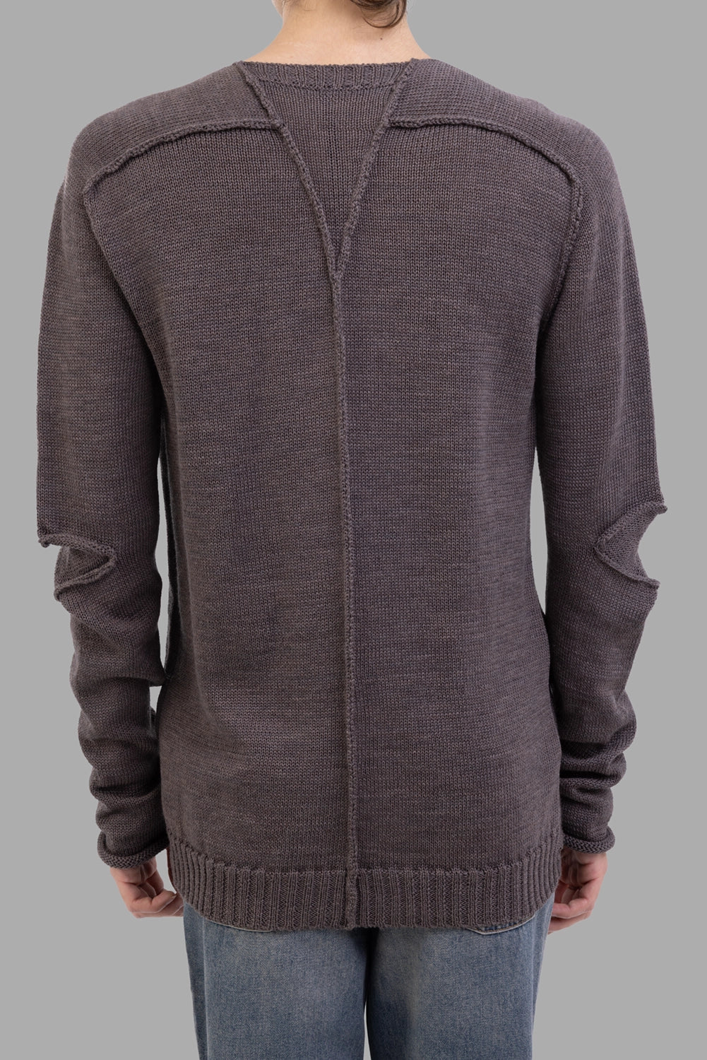 Masnada sweater in Fango, back view, exposed V-yoke and central seam