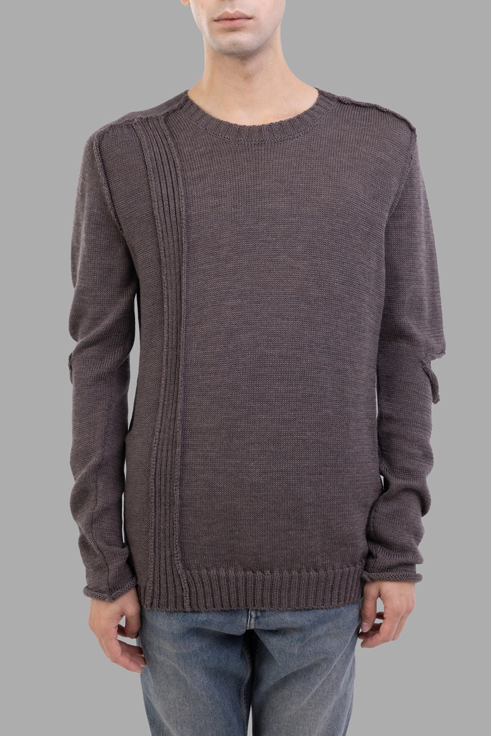 Masnada sweater in Fango, front view, vertical patch-knit panel from shoulder to hem
