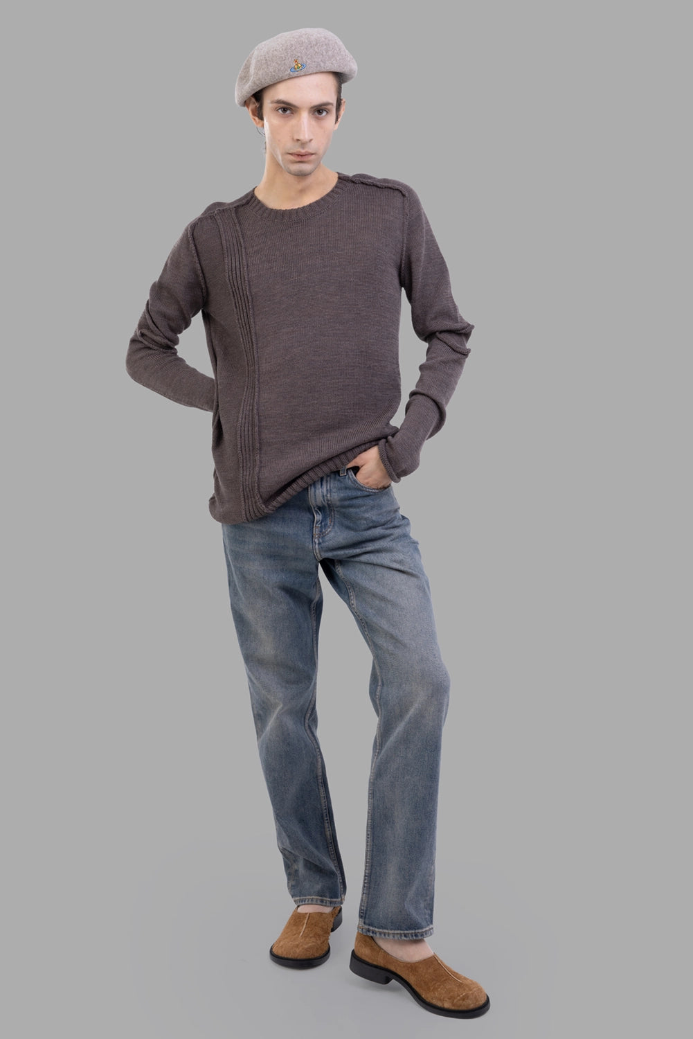Masnada sweater in Fango, on-model full length, relaxed fit with ribbed trims