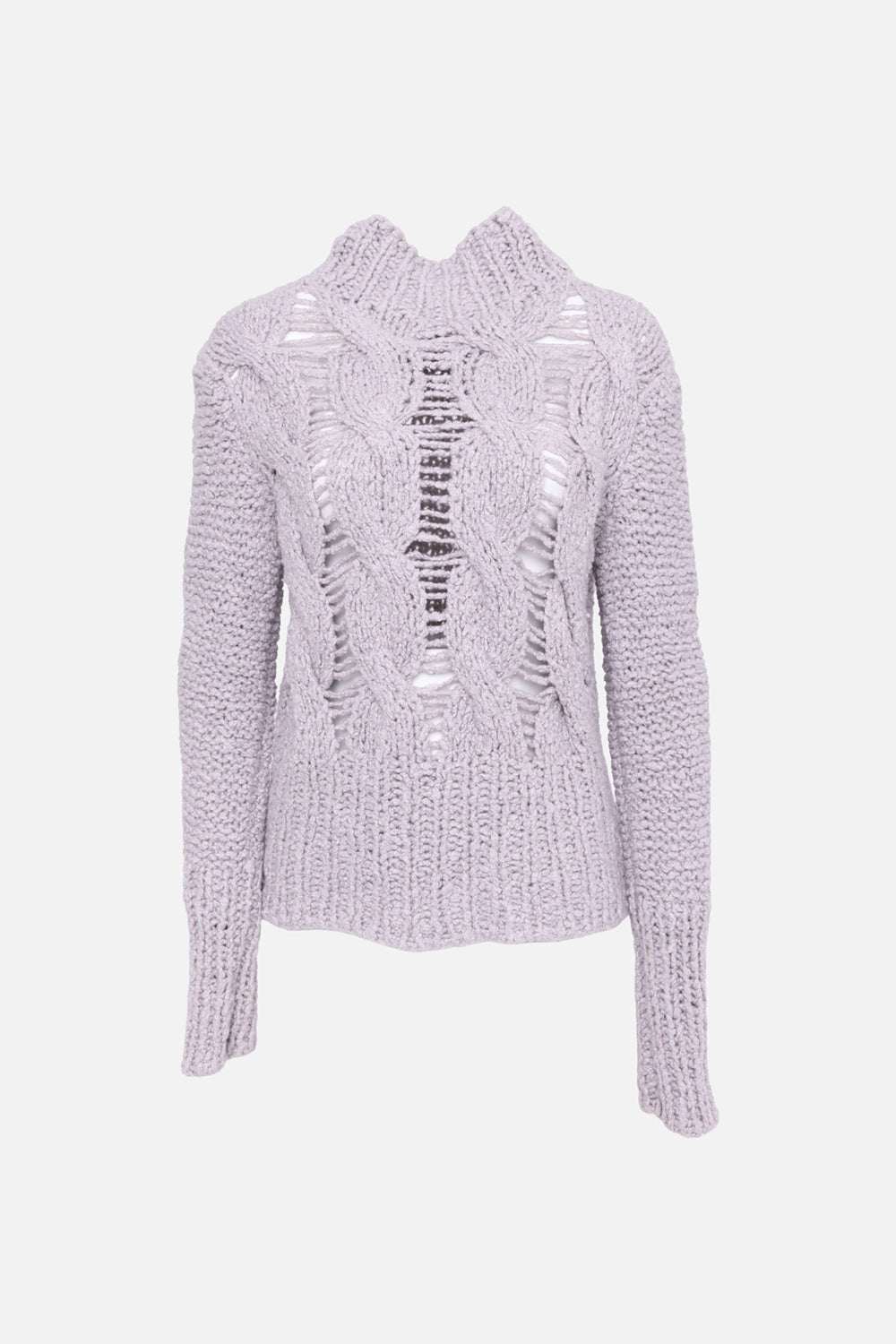 Pre-owned Gentry Portofino women's sweater in gesso, front view, raised cables with openwork cutouts.