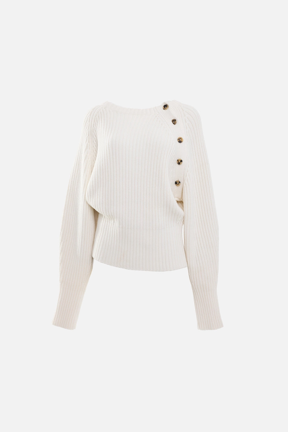 A.W.A.K.E. Mode women's ribbed sweater in ivory, front view, diagonal button shoulder placket and wide neckline