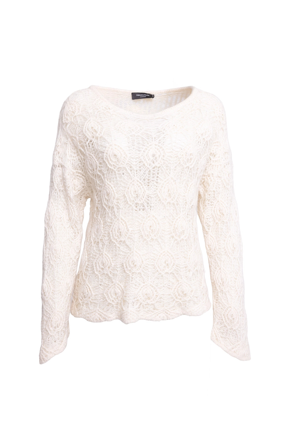 Pre-owned Fabiana Filippi women's sweater in ivory, front view, openwork knit with tonal sequin sparkle