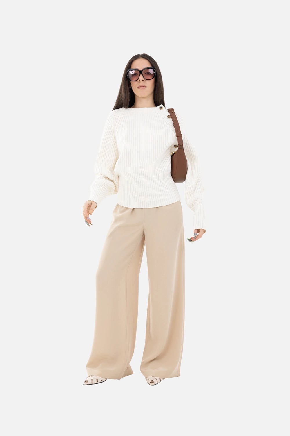 A.W.A.K.E. Mode women's ribbed sweater in ivory, on-model full-length, asymmetric shoulder buttons