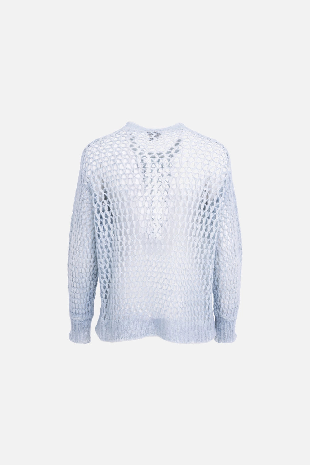 Avant Toi women’s sweater in light blue, back view, open-knit mesh with ribbed hem and cuffs