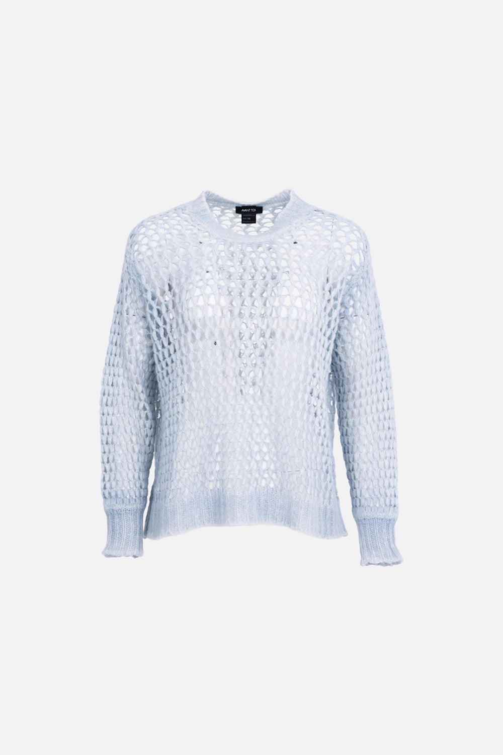 Avant Toi women’s sweater in light blue, front view, crewneck open-knit mesh with ribbed neckline