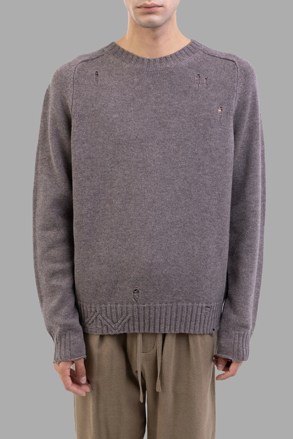 Zadig & Voltaire sweater in taupe, on-model half length, distressed holes and ribbed crewneck