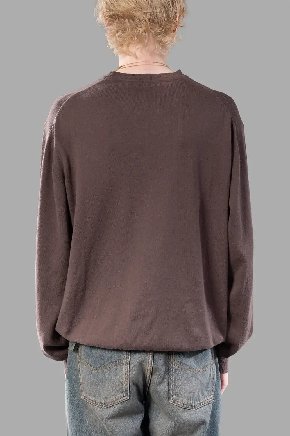 Vivienne Westwood sweater in truffle, back view, clean back and ribbed hem