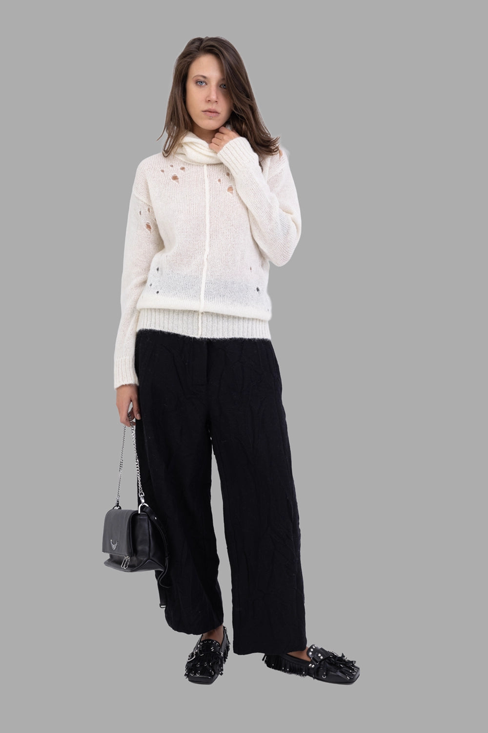 Marc Point women's sweater in white, on-model full length, distressed knit and ribbed hem
