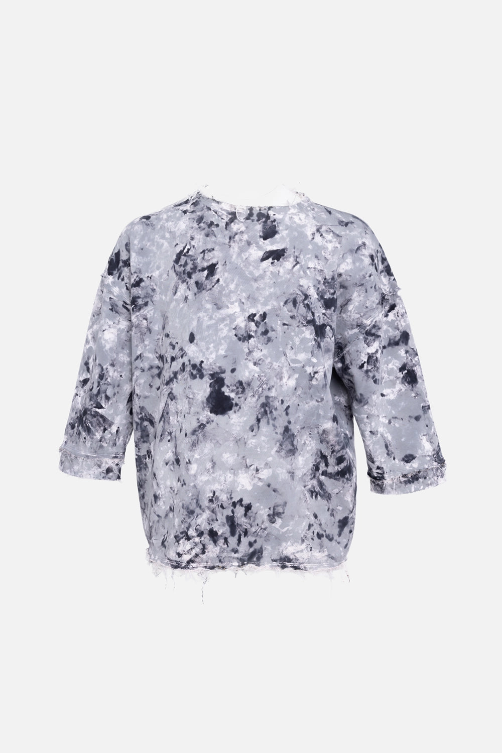 Avant Toi men's bouclé sweatshirt in grey camo, front view, crewneck with raw cuff finish