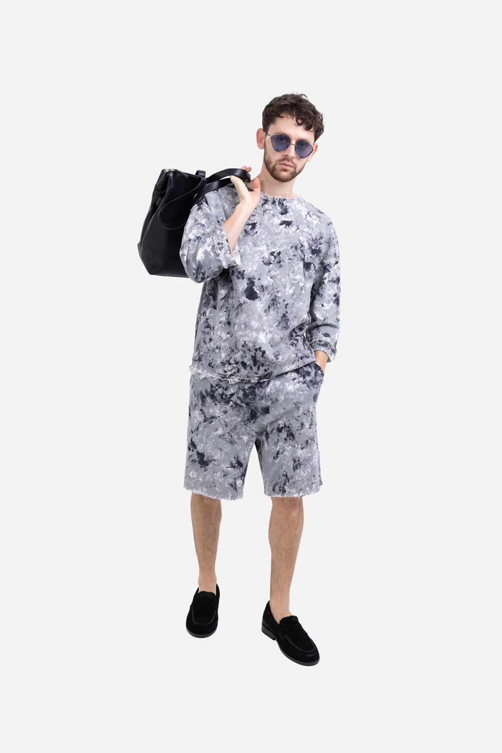 Avant Toi men's bouclé sweatshirt in grey camo, on-model full length, 3/4 sleeves and relaxed fit