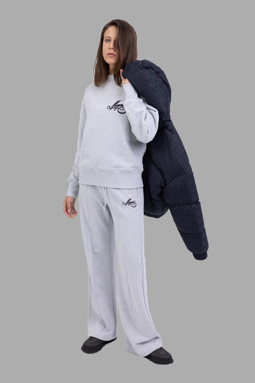 MSGM women's sweatshirt in grey melange, on-model full length, embroidered cursive chest logo and ribbed hem
