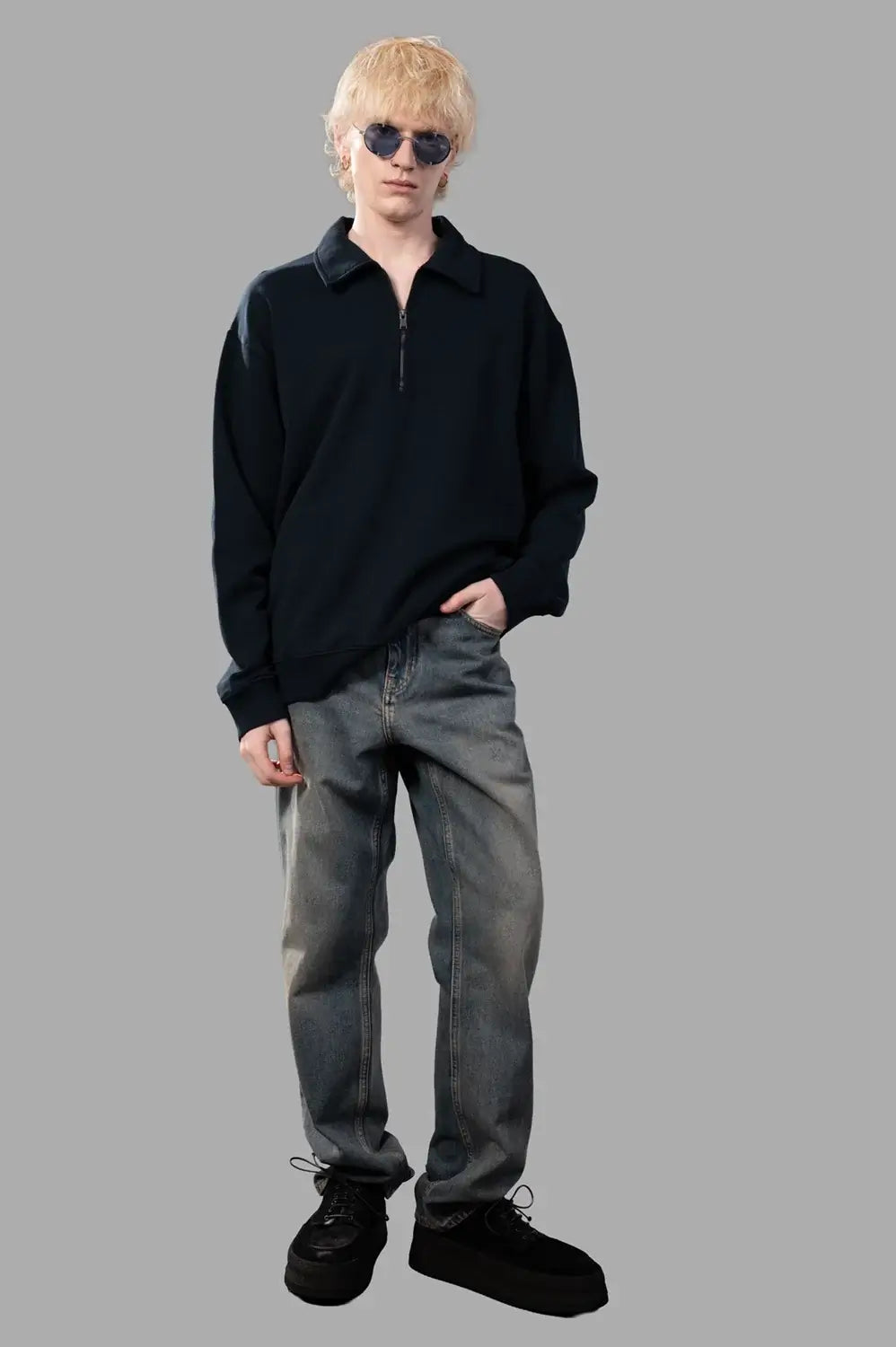 Zadig & Voltaire sweatshirt in Ink, on-model full length, collared half-zip, relaxed fit, ribbed cuffs