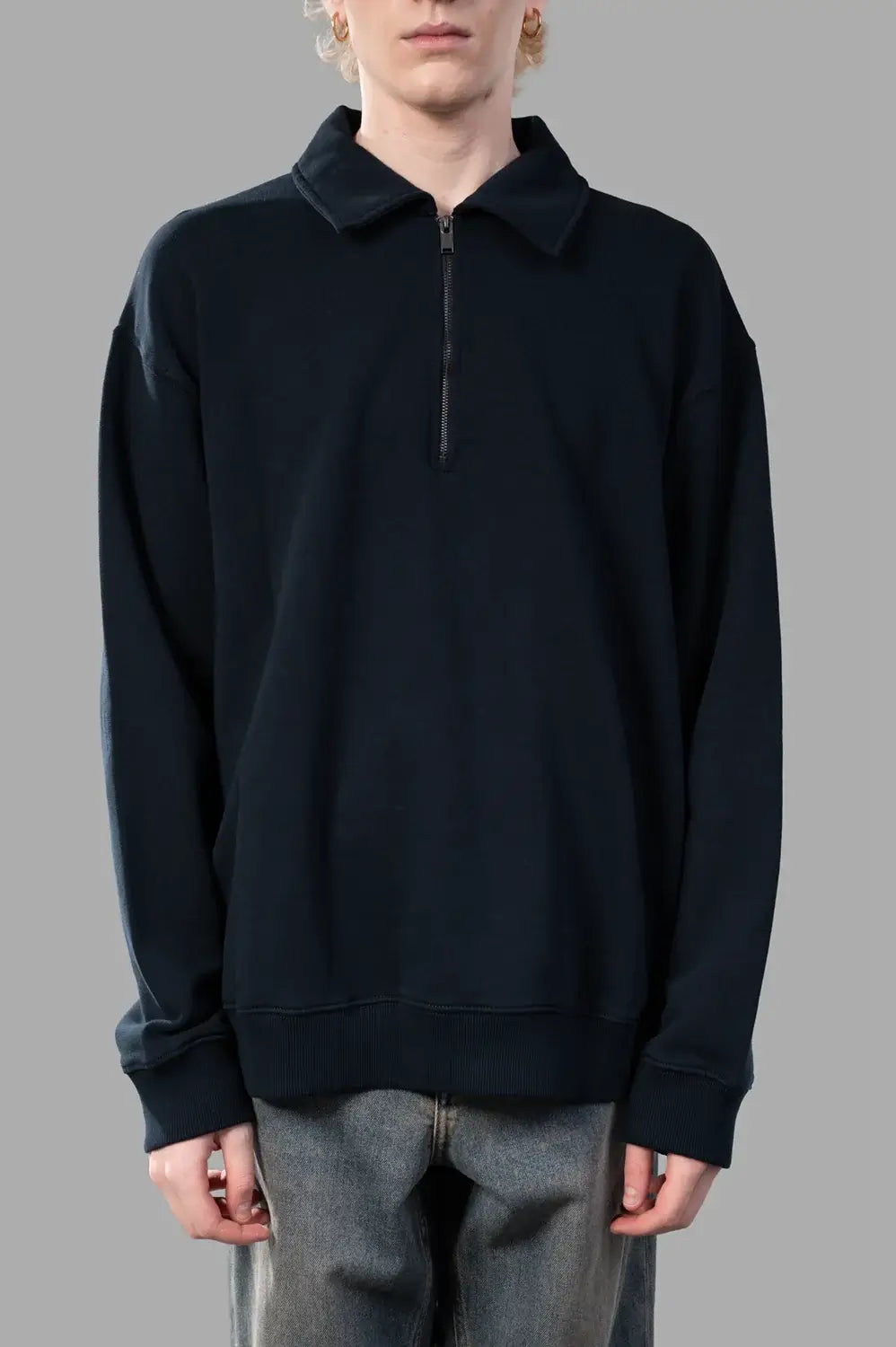 Zadig & Voltaire sweatshirt in Ink, on-model half length, quarter-zip front, spread collar, ribbed hem
