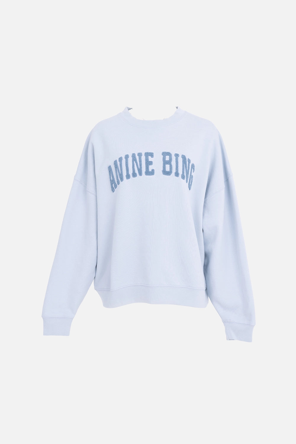 ANINE BING womens sweatshirt in pale blue, front view, arched chenille ANINE BING patch
