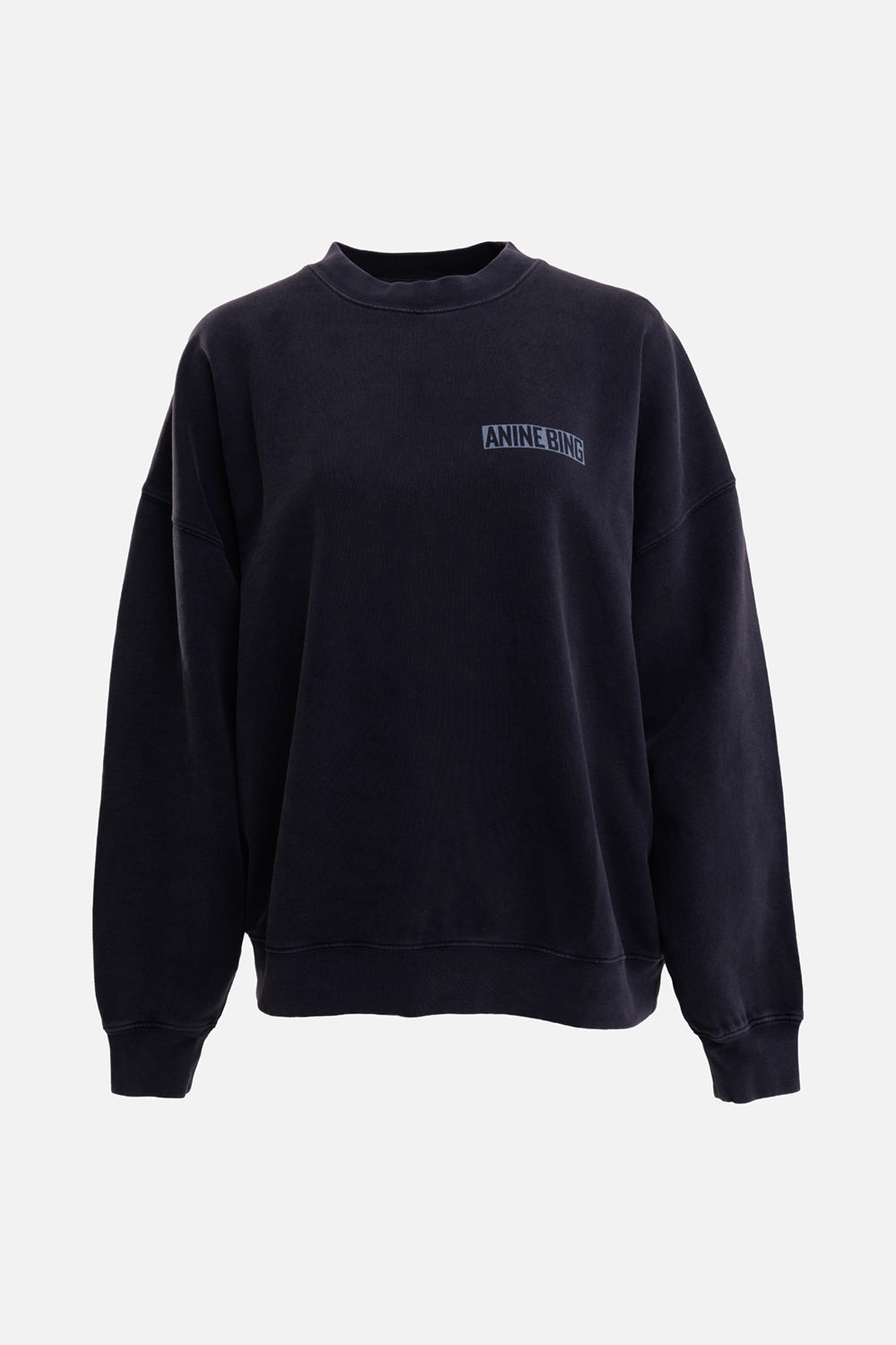 Anine Bing women's sweatshirt in washed black, front view with dropped shoulders, chest logo and ribbed cuffs