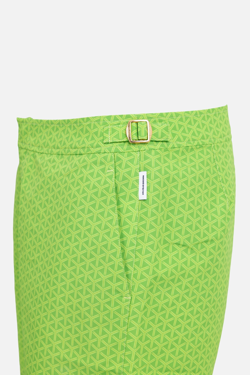 Orlebar Brown men’s swim shorts in Verde Mantis, hardware close-up, gold-effect buckle fastener and back pocket label
