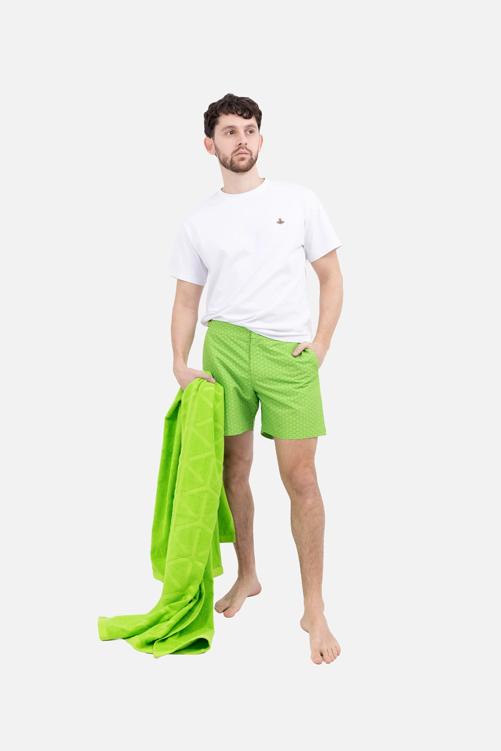 Orlebar Brown men’s swim shorts in Verde Mantis, on-model full length, tailored mid-length fit with side adjusters