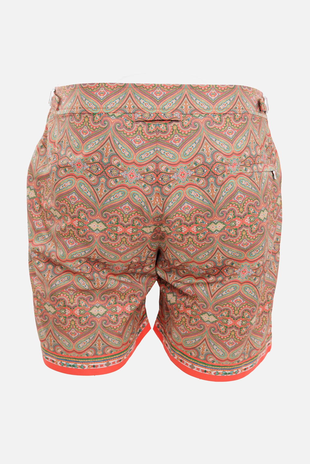 Orlebar Brown men's swim shorts in Vermillion, back view with rear zip pocket and side adjusters
