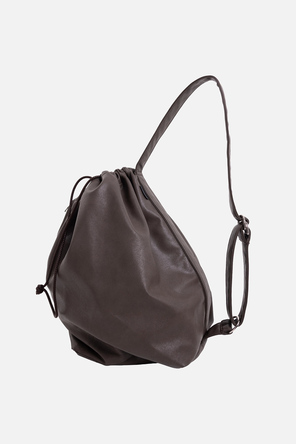 ATTACHMENT bucket bag in brown, 3/4 view with drawstring top and adjustable shoulder strap
