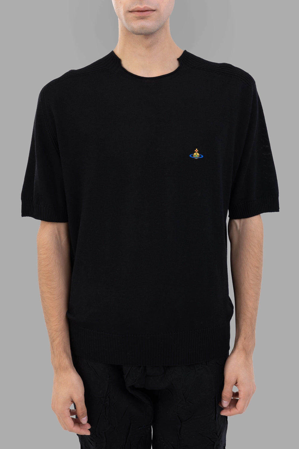 Vivienne Westwood T-shirt in black, front view, chest Orb embroidery and rib crewneck