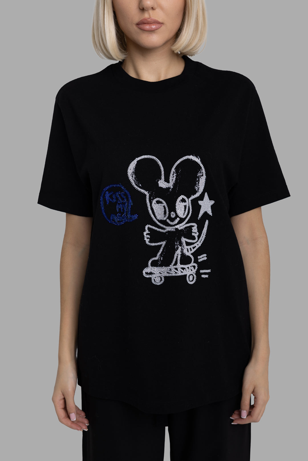 Zadig & Voltaire women's t-shirt in black, front view, sequinned Happy Mouse and star graphic with blue circle detail.