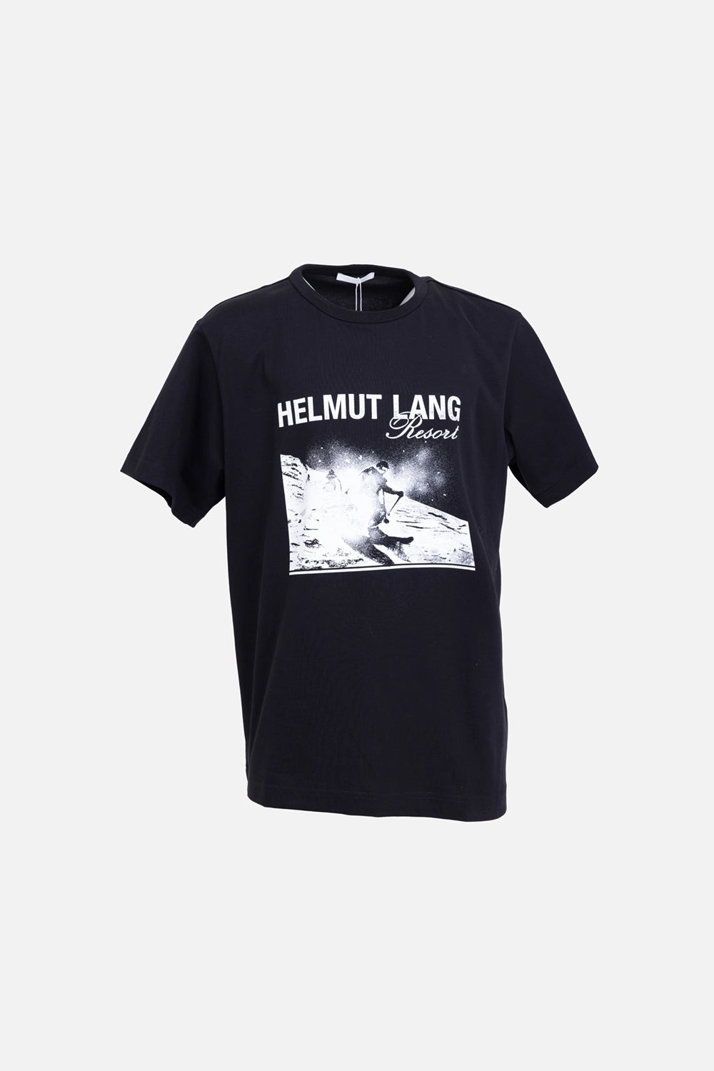Helmut Lang men's T-shirt in black, front view, Resort skier photo graphic and logo print