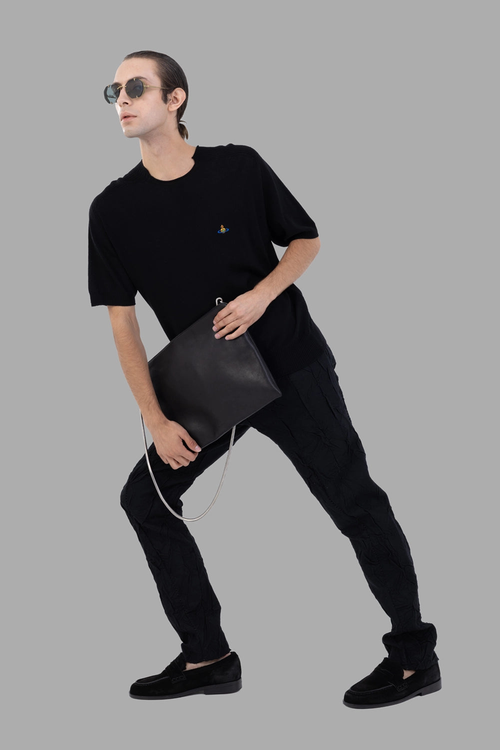 Vivienne Westwood T-shirt in black, on-model full length, relaxed knit with ribbed hem