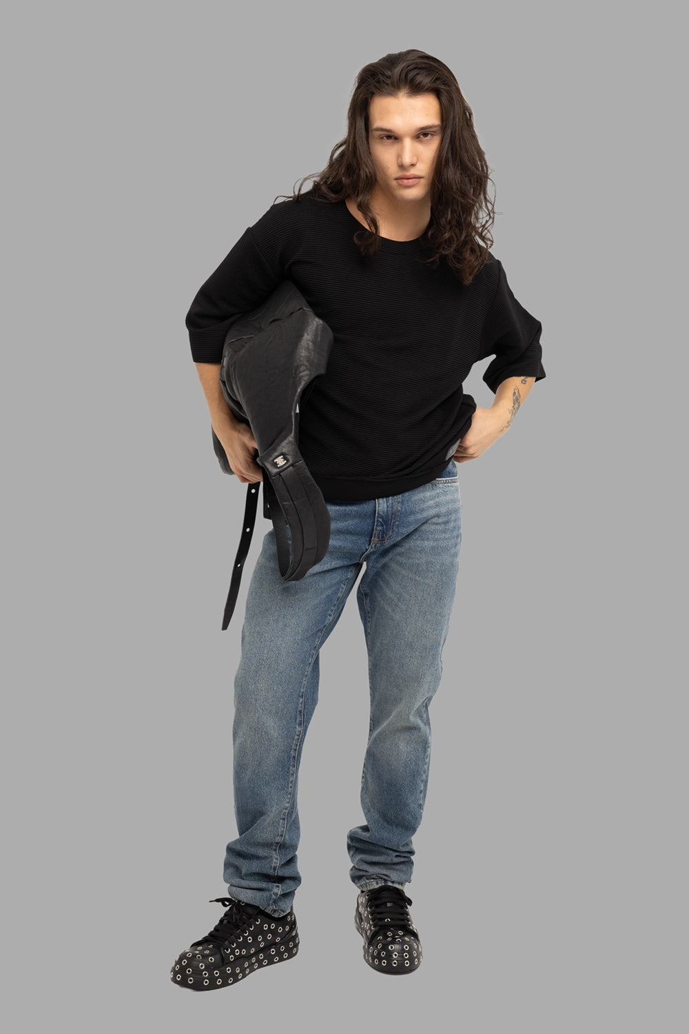 Gaelle Paris men’s t-shirt in black, on-model full length, oversized with horizontal rib knit and wide half sleeves