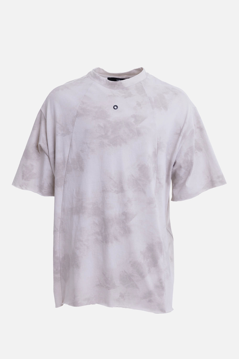Justin Gall men's blotch beige cotton T-shirt, front view with raised neck and chest eyelet