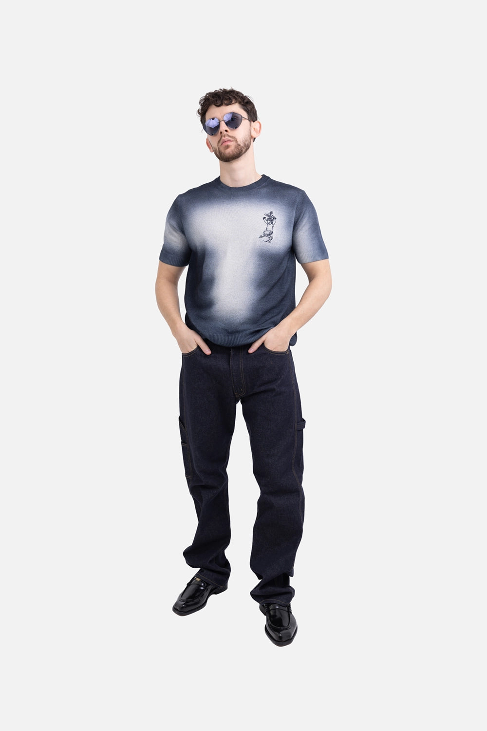 Vivienne Westwood men’s t-shirt in blue/white, on-model full length, spray-effect gradient with ribbed hem