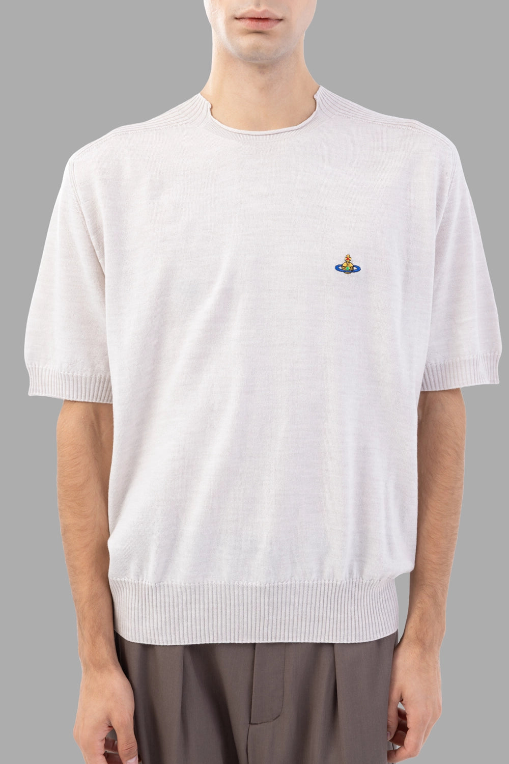 Vivienne Westwood t-shirt in Grey Melange, on-model half length, chest Orb embroidery and ribbed crewneck